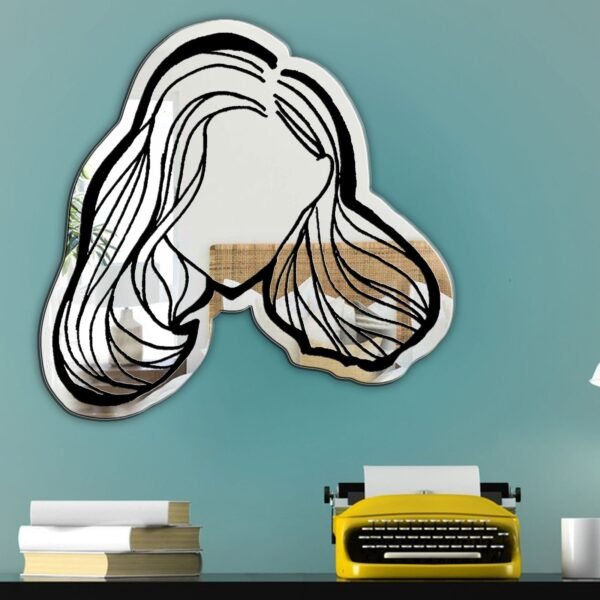 A personalized mirror with an illustration of a person having medium soft wave straight hair, capturing a smooth, contemporary look.