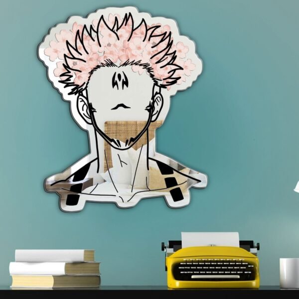 A personalized mirror featuring Ryomen Sukuna from Jujutsu Kaisen, with a bold design filled with shades of pink, showcasing his intense expression and iconic features.