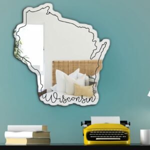 Wall mirror shaped like Wisconsin with cursive text.