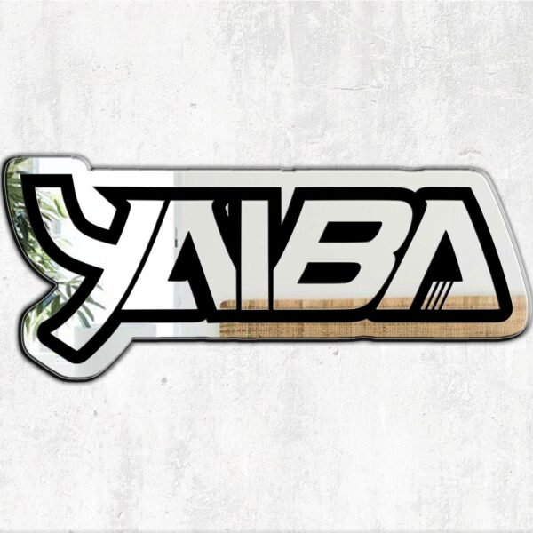 Customized white Yaiba motorcycle mirror label.