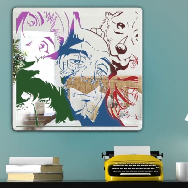 A colorful, personalized mirror featuring artwork inspired by Cowboy Bebop, showcasing vibrant characters and dynamic, eye-catching designs.