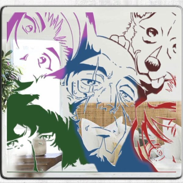 A personalized mirror featuring colorful artwork inspired by Cowboy Bebop, with vibrant characters and a dynamic design that captures the essence of the anime.