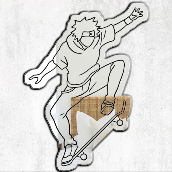 A mirror featuring a stylish illustration of Reki Kyan from SK8 the Infinity, captured in an action-packed skating pose with vibrant design elements.