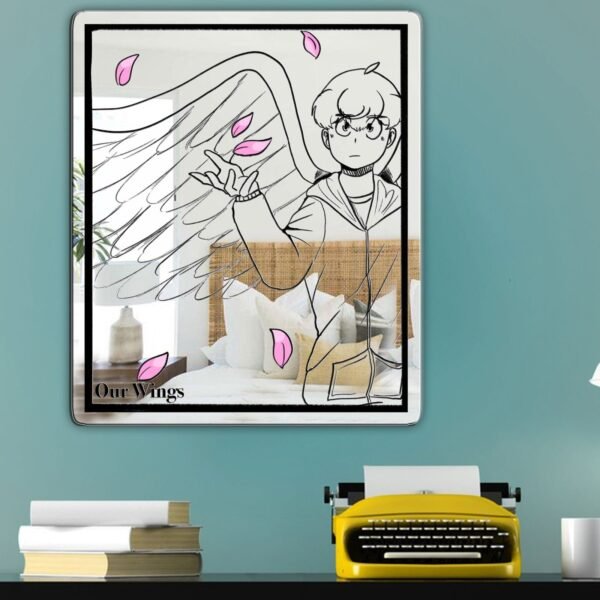 A sleek, black mirror featuring an illustration of "Our Wings" by Takeshi Tenshi, with delicate cherry blossoms incorporated into the design, creating an elegant and stylish aesthetic.
