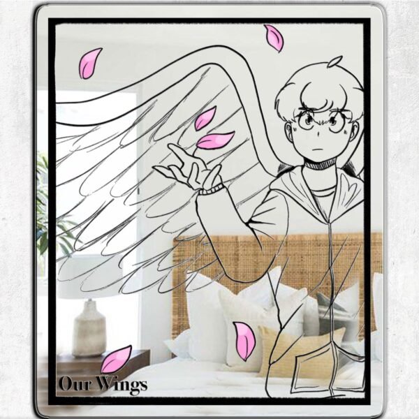 A black stylish mirror featuring an artwork from Takeshi Tenshi titled "Our Wings," adorned with cherry blossoms, creating a graceful and artistic design.