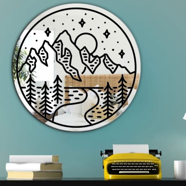 A mirror with a stylish printed design of mountains, featuring bold, artistic lines and a modern interpretation of natural landscapes.