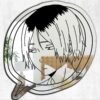 A mirror featuring a playful design of Kenma Kozume from Haikyuu, with a Commercial Break" bubble graphic, capturing his relaxed yet focused demeanor.