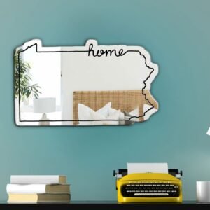 Wall mirror shaped like Pennsylvania with a wooden frame.