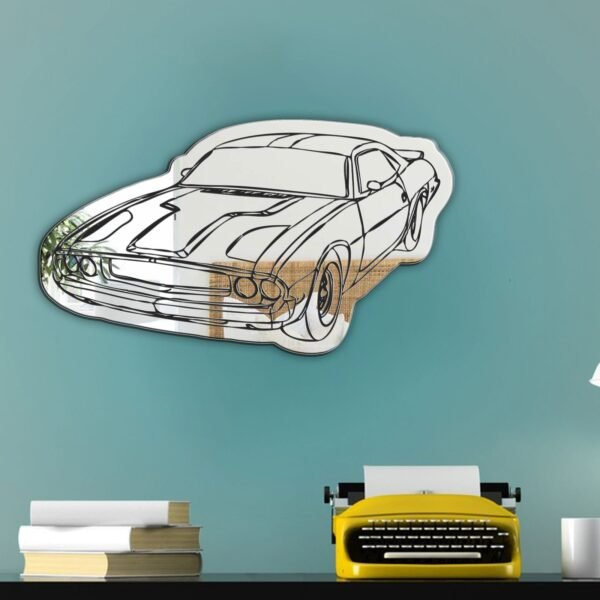 A mirror with a black line art illustration of a sports car, highlighting its sleek design and streamlined curves.