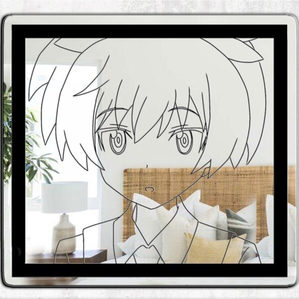 A mirror featuring a black stylish illustration of Nagisa Shiota from Assassination Classroom, showcasing his calm, focused expression.