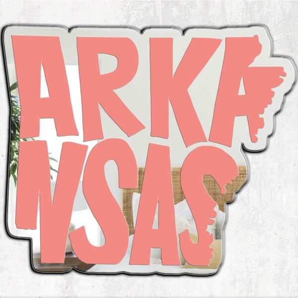 Wall-mounted mirror in the shape of Arkansas.