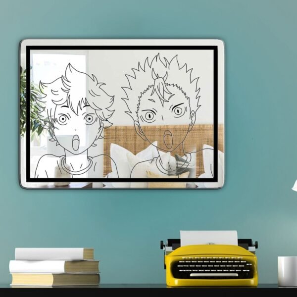 A mirror featuring stylish black illustrations of Shoyo and Noya from Haikyuu, showcasing their iconic energy and expressions.