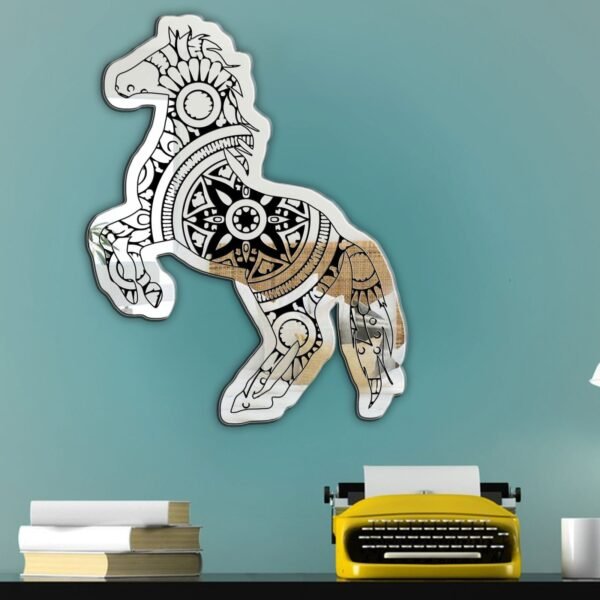 A mirror featuring an intricate black mandala-style horse drawing, blending elegance with artistic detail.