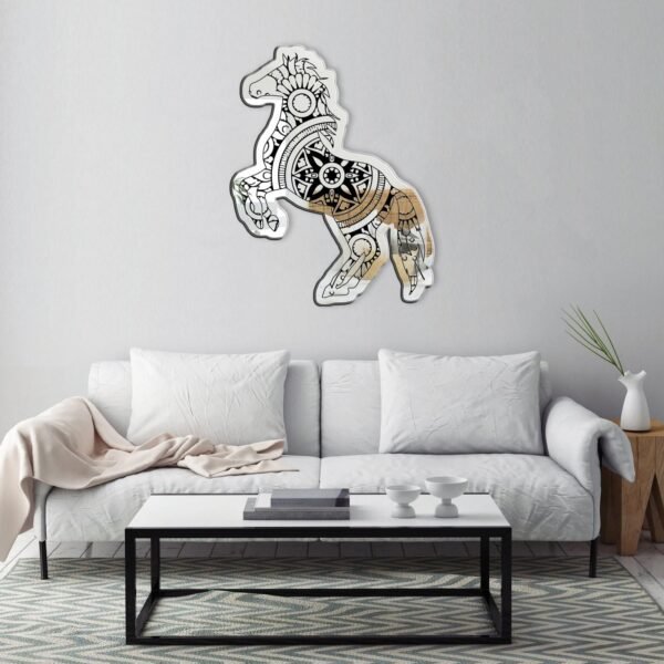 A mirror featuring a black mandala-style drawing of a horse, combining intricate patterns with equestrian elegance.