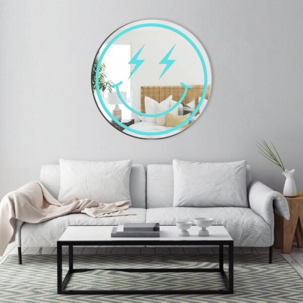 Mirror featuring a blue smiley with a lightning mark.