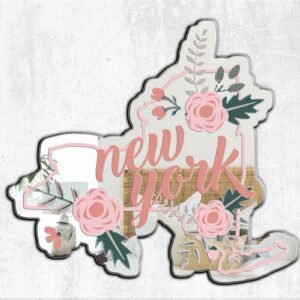 Mirror shaped like New York State with floral design.