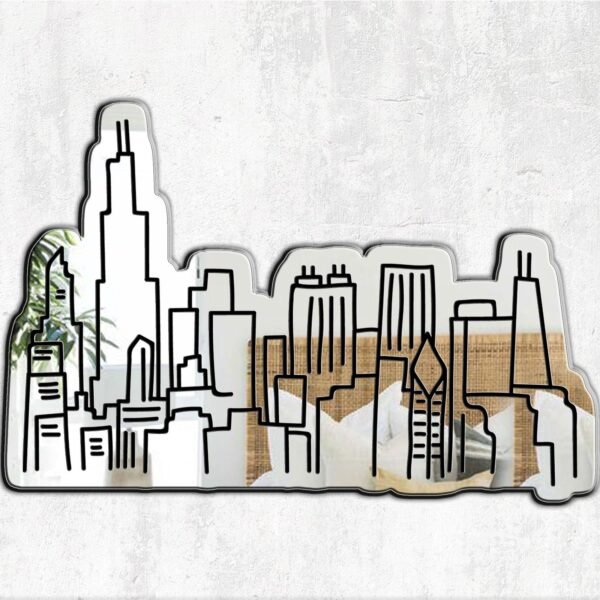 Chicago skyline silhouette etched on a wall mirror.