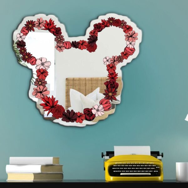 A decorative mirror featuring a floral Mickey Mouse design, blending playful and nature-inspired elements.