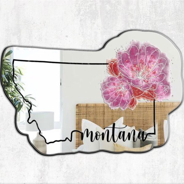 A mirror featuring a watercolor design of Montana with its state flower, the Bitterroot.