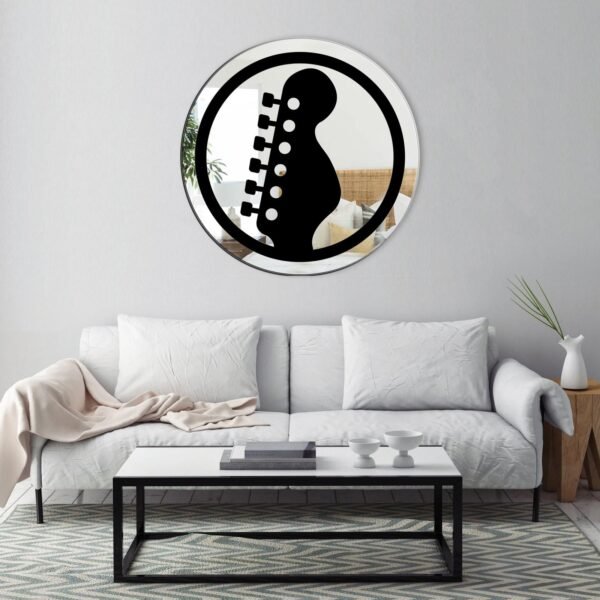 Mirror featuring a guitar headstock badge emblem design, perfect for music enthusiasts