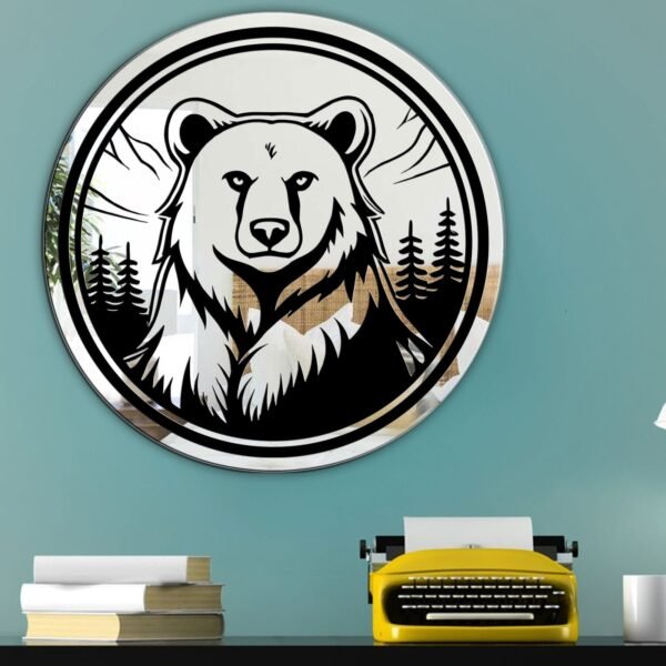 Wall mirror featuring a bear patch design, perfect for nature-themed decor.