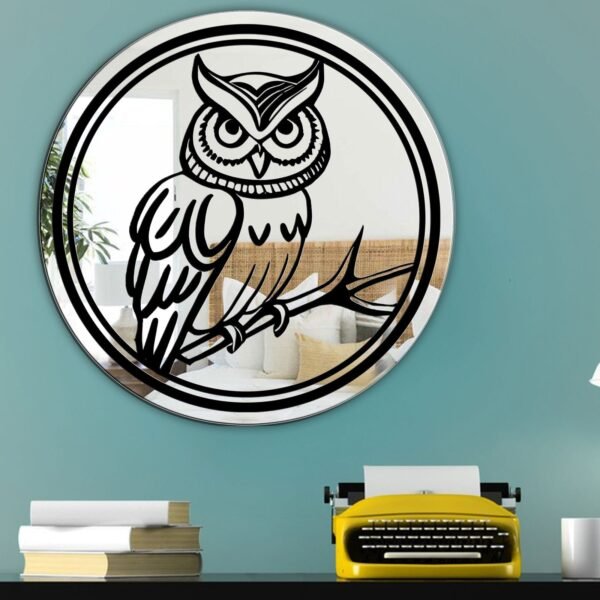 Round mirror with an owl print, offering a whimsical and nature-inspired design.