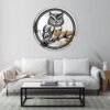 Round mirror featuring an owl print design, adding a whimsical touch to the decor.