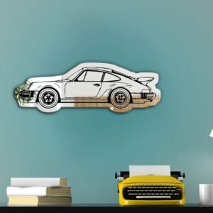 Porsche 911 car-shaped acrylic mirror on white background.