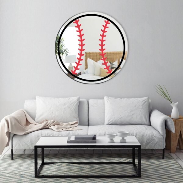 Round mirror with baseball design frame.