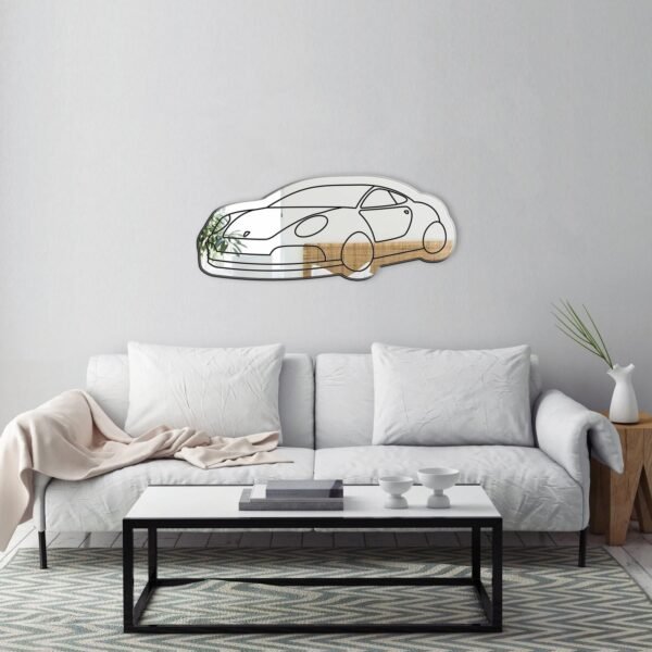 Illustration of a Porsche car reflected in a sleek mirror.