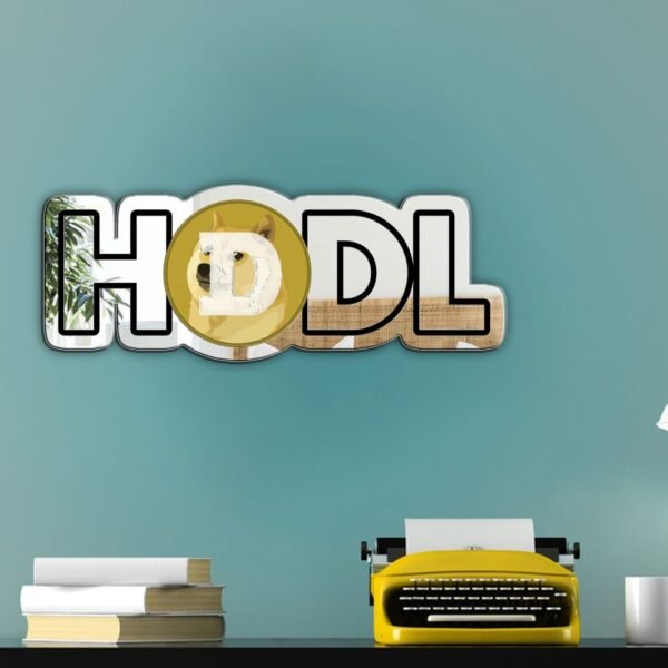 An acrylic mirror shaped like the Dogecoin logo, perfect for cryptocurrency enthusiasts and traders.