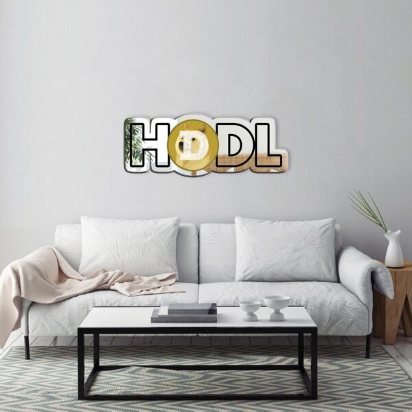 An acrylic mirror featuring the Dogecoin logo, ideal for crypto traders and HODL enthusiasts.