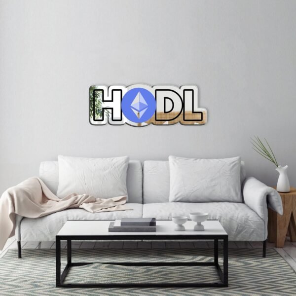 An acrylic mirror featuring the Ethereum logo in purple, perfect for crypto traders and HODL enthusiasts.