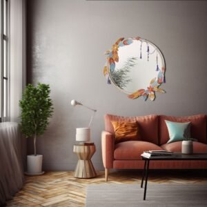 Round boho-inspired mirror with intricate frame design.