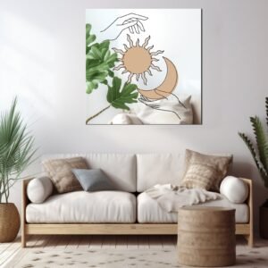 Boho mirror depicting hands reaching for the sun and moon