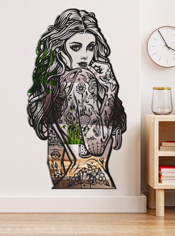 Custom mirror featuring a girl body tattoo design for tattoo studios