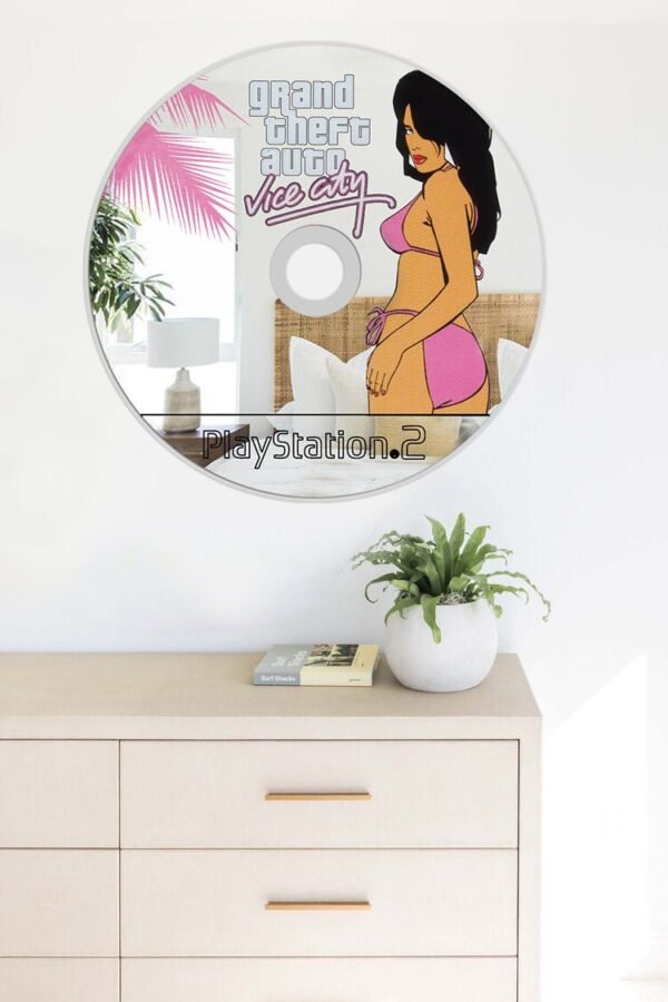 Mirror designed to resemble the GTA Vice City game disk