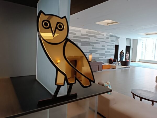 Detail of the OVO owl logo on round mirror edge.