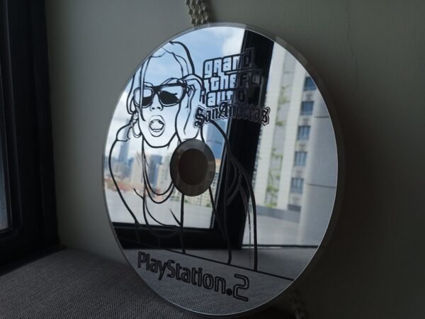 Wall-mounted mirror made from "GTA San Andreas" disc.