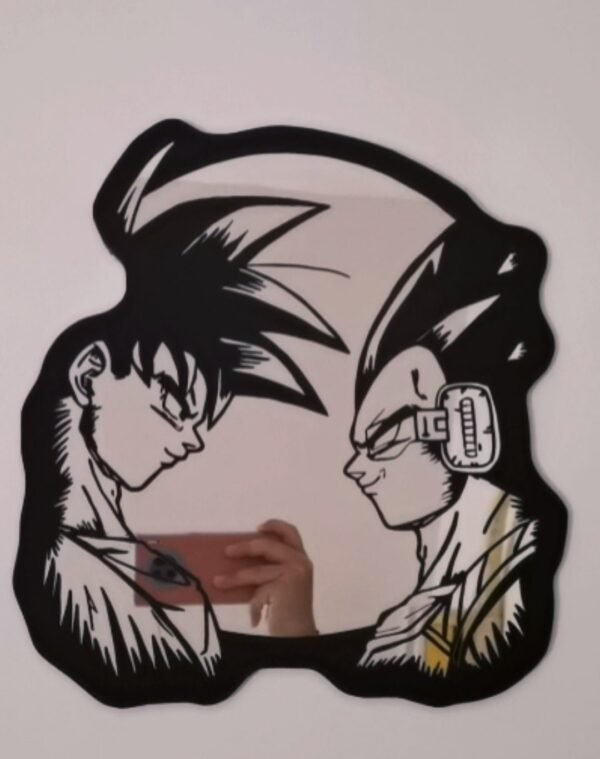 Mirror sign with Goku vs Vegeta artwork.