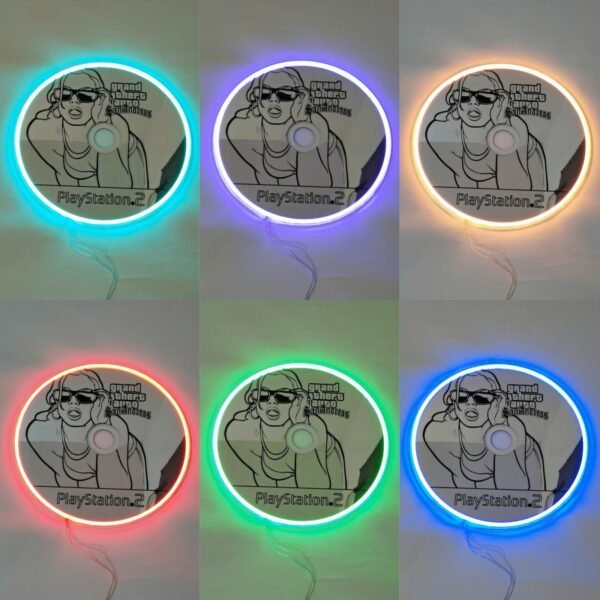 Vibrant RGB LED mirror disc with "GTA Vice City" theme.