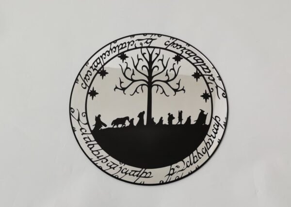 Decorative mirror etched with iconic LOTR characters and scenes.