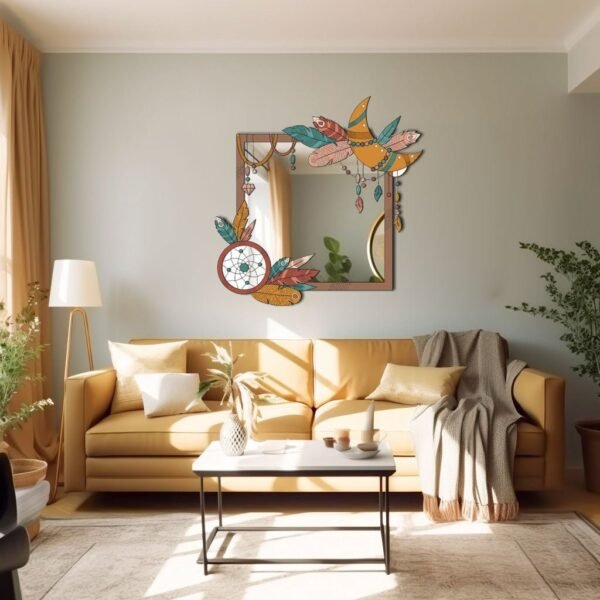 Irregular-shaped mirror framed with a boho-style design