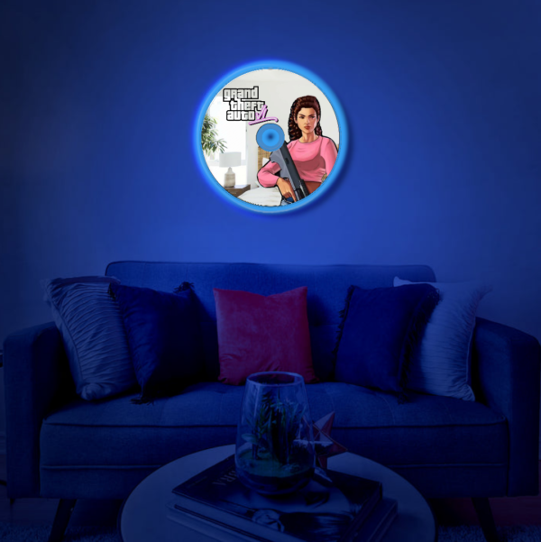 Illuminated GTA VI light CD mirror with vibrant RGB lights.