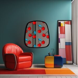 Pop art-style mirror featuring vibrant red cherries design.