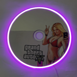 Mirror featuring a neon RGB light disc design inspired by GTA 5 V