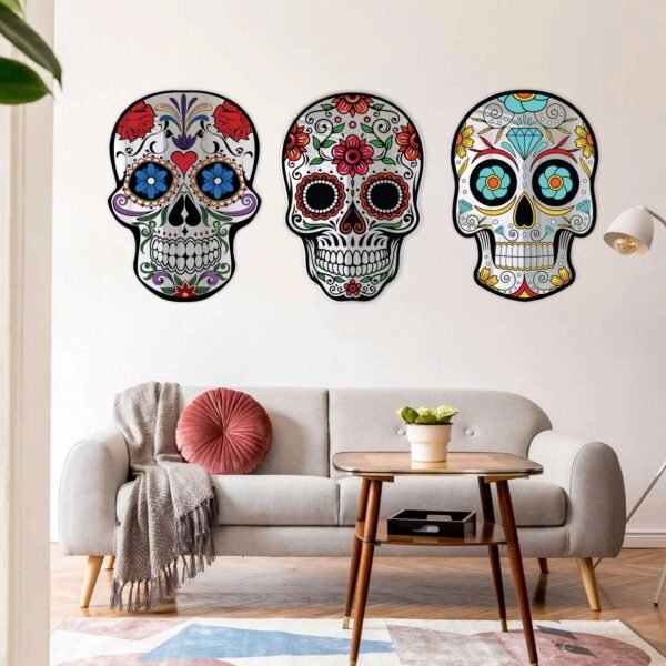 Set of 3 colorful Day of the Dead themed mirrors with sugar skull designs.