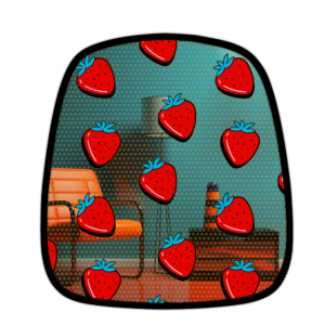 Mirror featuring vibrant pop-art prints of strawberries