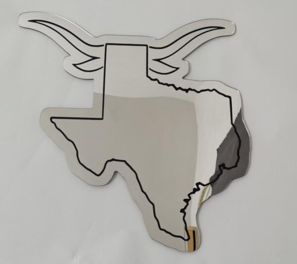 Laser-engraved Longhorn on Texas map mirror.