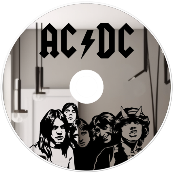 Mirror designed in the shape of a CD featuring AC/DC branding